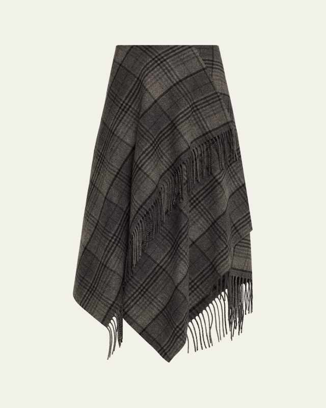 Fringed Plaid Wrap Midi Skirt